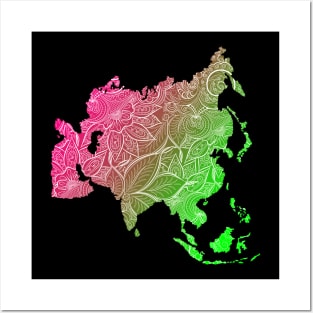 Colorful mandala art map of Asia with text in pink and green Posters and Art